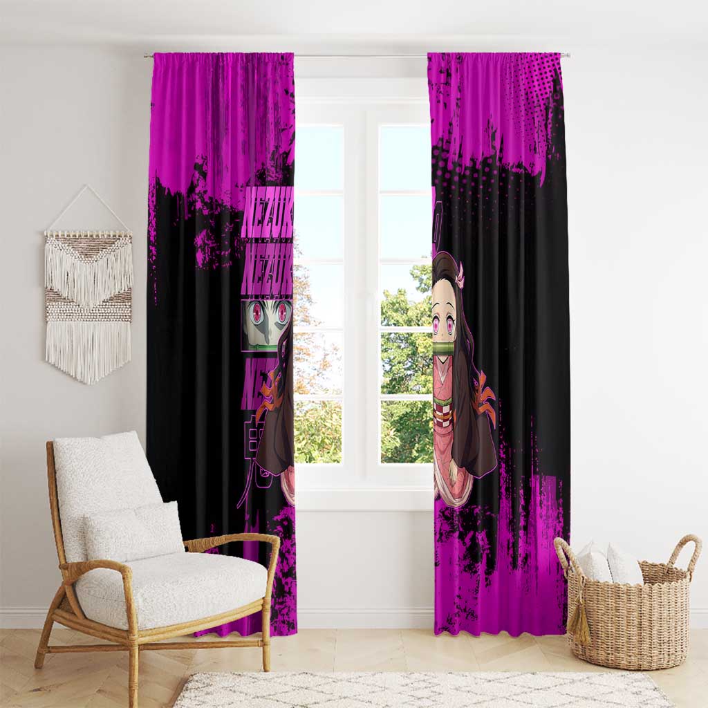 Nezuko Kamado Demon Slayer Pink Grunge Design Window Curtain with Fierce Eyes and Cute Sitting Pose - The Mazicc