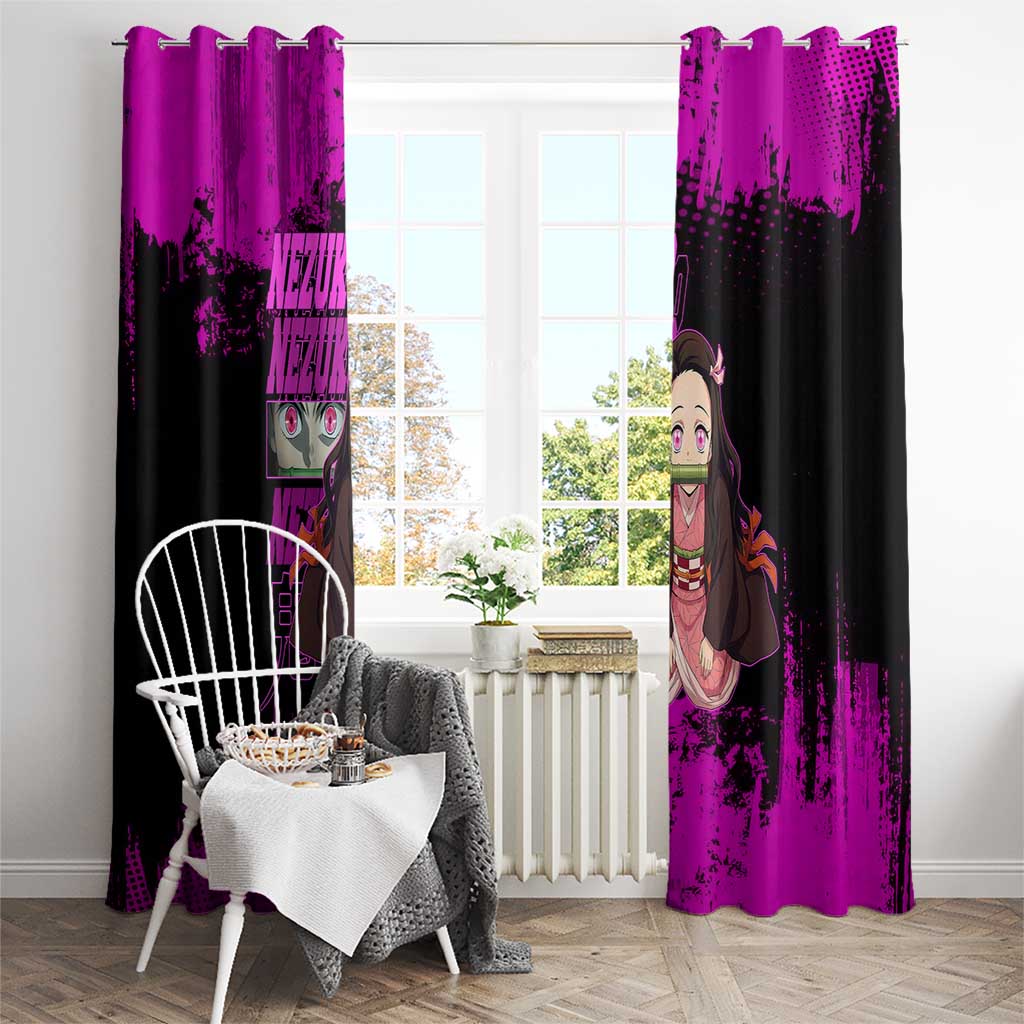 Nezuko Kamado Demon Slayer Pink Grunge Design Window Curtain with Fierce Eyes and Cute Sitting Pose - The Mazicc