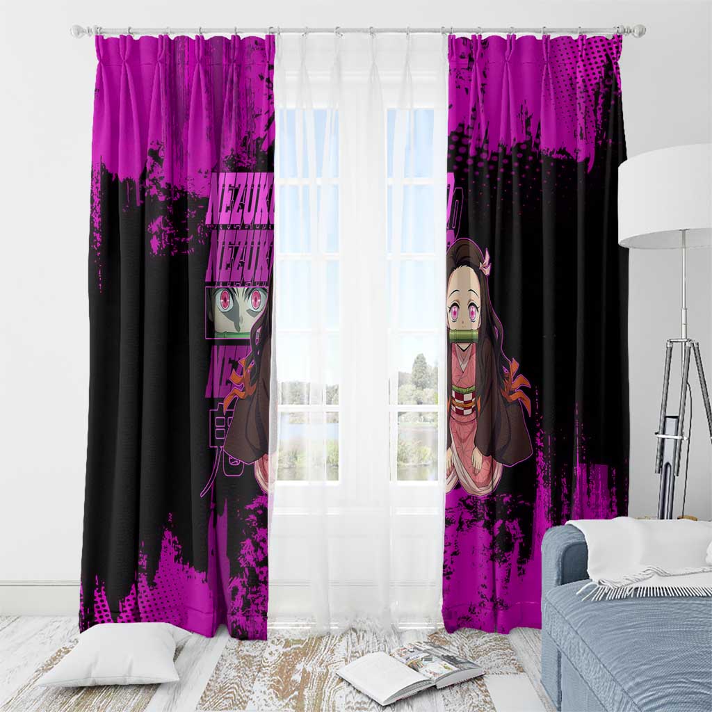 Nezuko Kamado Demon Slayer Pink Grunge Design Window Curtain with Fierce Eyes and Cute Sitting Pose - The Mazicc