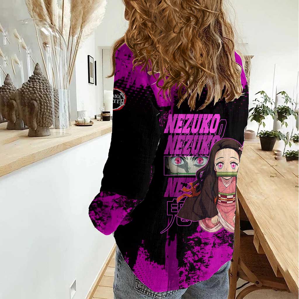 Nezuko Kamado Demon Slayer Pink Grunge Design Women Casual Shirt with Fierce Eyes and Cute Sitting Pose - The Mazicc