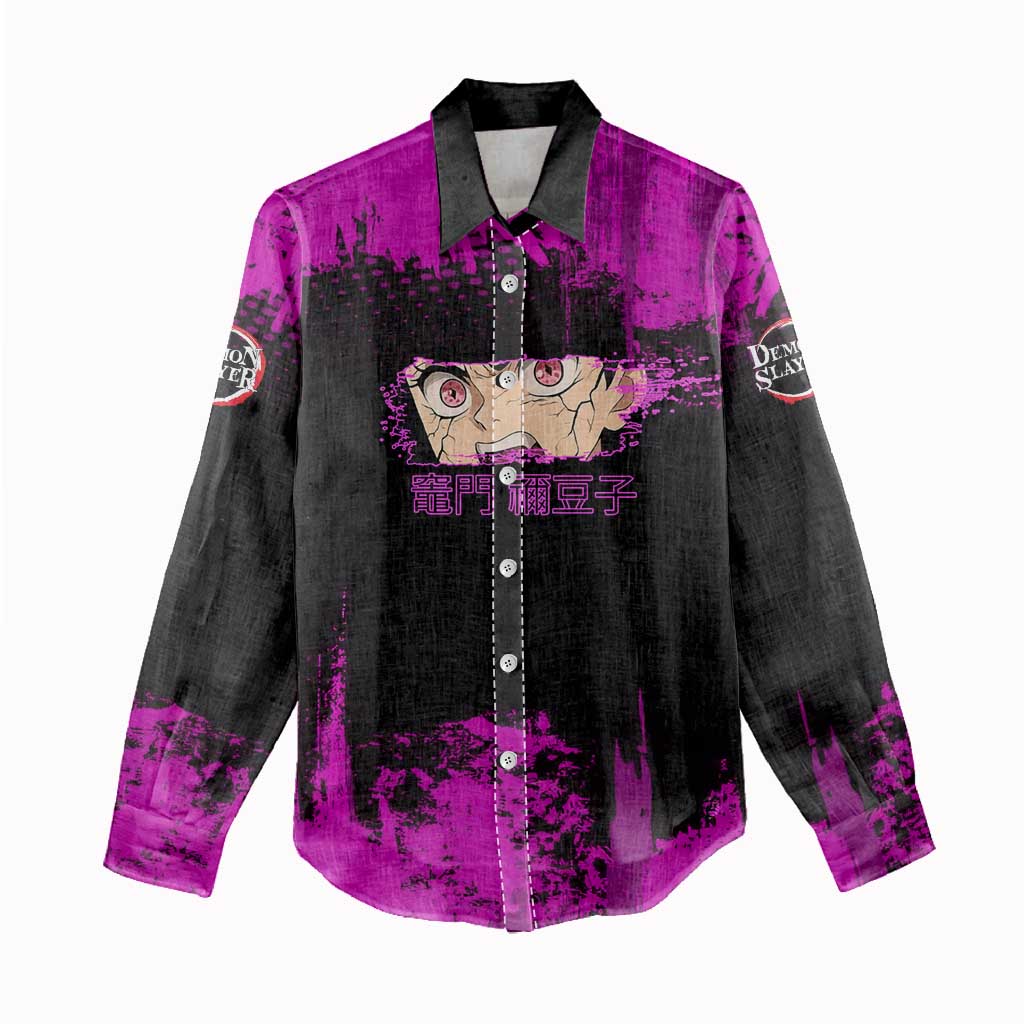 Nezuko Kamado Demon Slayer Pink Grunge Design Women Casual Shirt with Fierce Eyes and Cute Sitting Pose - The Mazicc