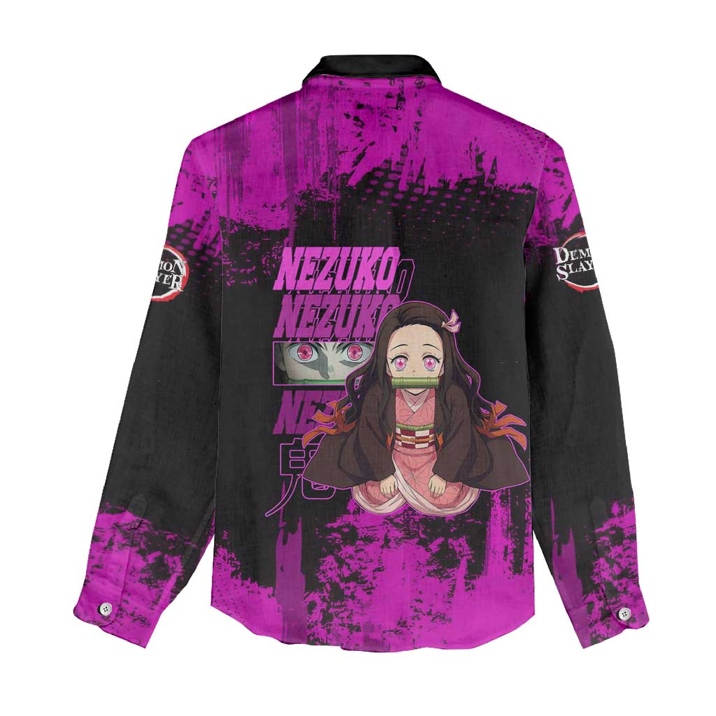 Nezuko Kamado Demon Slayer Pink Grunge Design Women Casual Shirt with Fierce Eyes and Cute Sitting Pose - The Mazicc