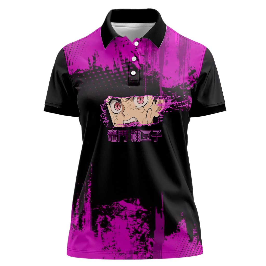 Nezuko Kamado Demon Slayer Pink Grunge Design Women Polo Shirt with Fierce Eyes and Cute Sitting Pose - The Mazicc