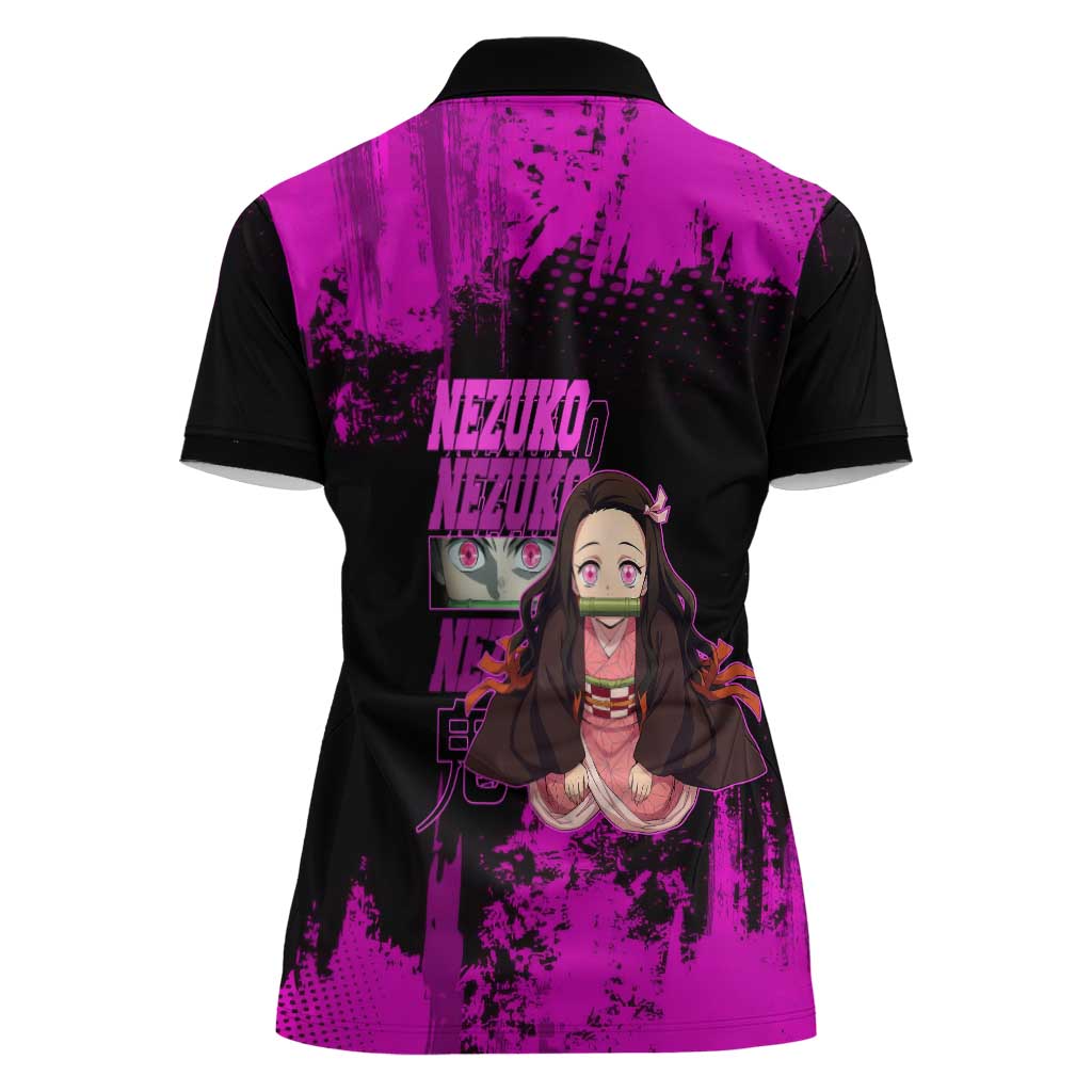 Nezuko Kamado Demon Slayer Pink Grunge Design Women Polo Shirt with Fierce Eyes and Cute Sitting Pose - The Mazicc