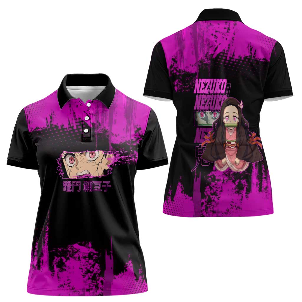 Nezuko Kamado Demon Slayer Pink Grunge Design Women Polo Shirt with Fierce Eyes and Cute Sitting Pose - The Mazicc