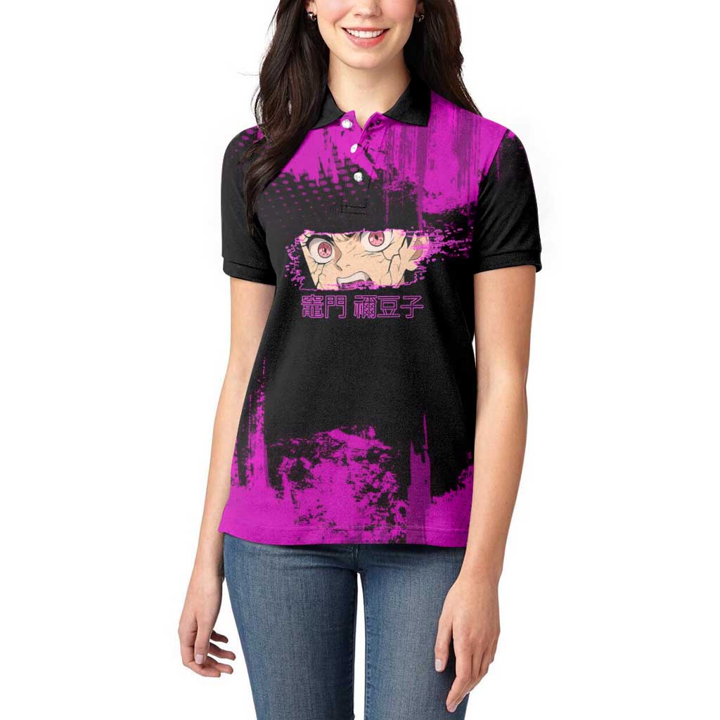 Nezuko Kamado Demon Slayer Pink Grunge Design Women Polo Shirt with Fierce Eyes and Cute Sitting Pose - The Mazicc