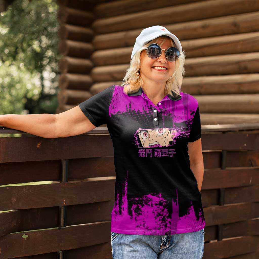 Nezuko Kamado Demon Slayer Pink Grunge Design Women Polo Shirt with Fierce Eyes and Cute Sitting Pose - The Mazicc