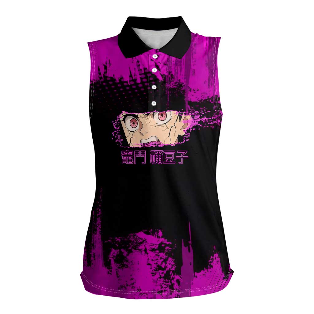 Nezuko Kamado Demon Slayer Pink Grunge Design Women Sleeveless Polo Shirt with Fierce Eyes and Cute Sitting Pose - The Mazicc