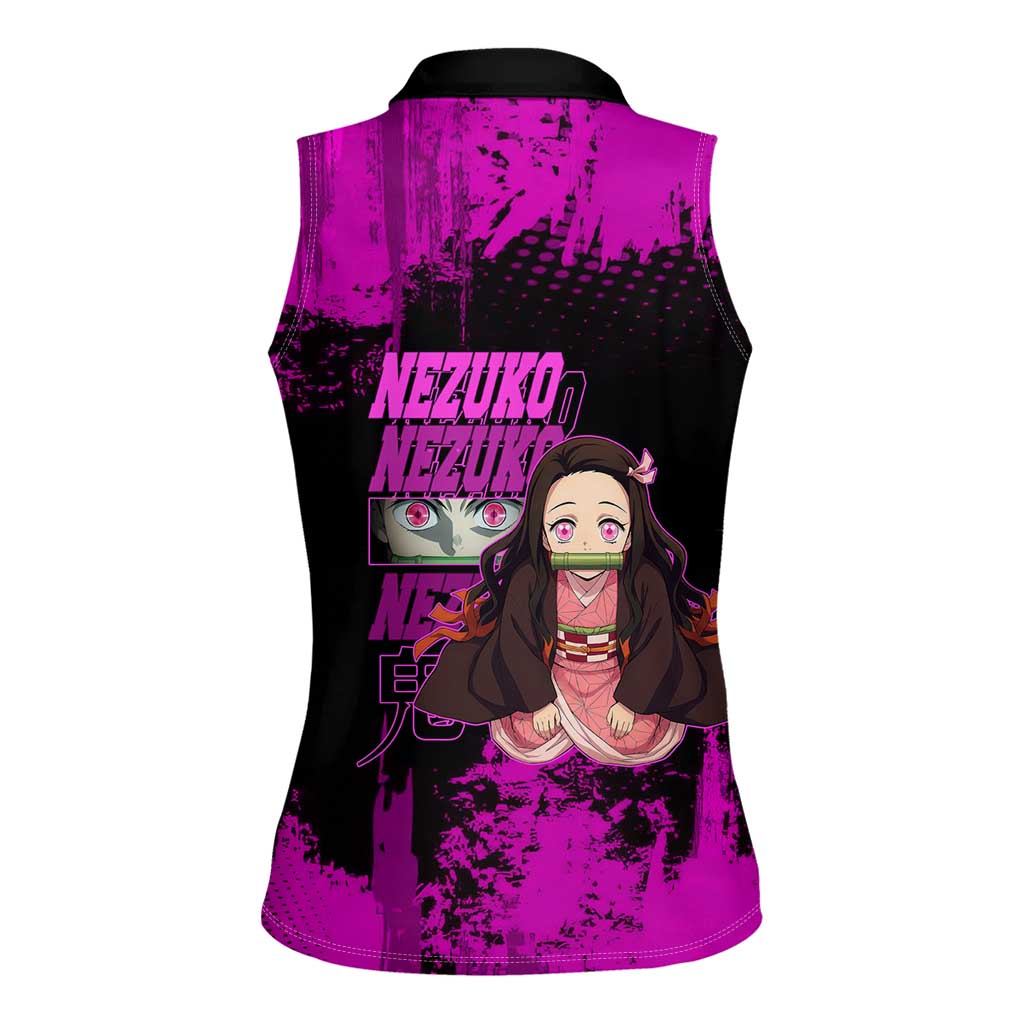 Nezuko Kamado Demon Slayer Pink Grunge Design Women Sleeveless Polo Shirt with Fierce Eyes and Cute Sitting Pose - The Mazicc