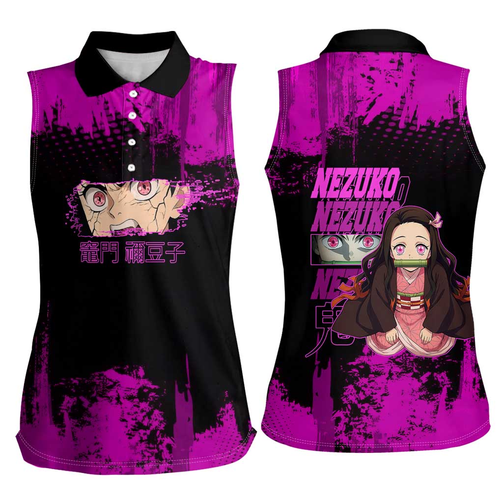 Nezuko Kamado Demon Slayer Pink Grunge Design Women Sleeveless Polo Shirt with Fierce Eyes and Cute Sitting Pose - The Mazicc
