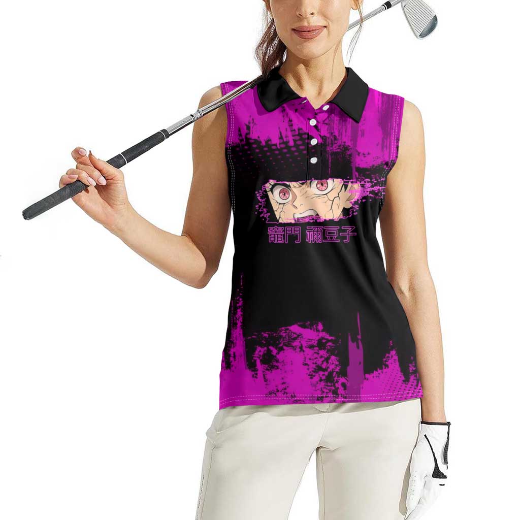Nezuko Kamado Demon Slayer Pink Grunge Design Women Sleeveless Polo Shirt with Fierce Eyes and Cute Sitting Pose - The Mazicc