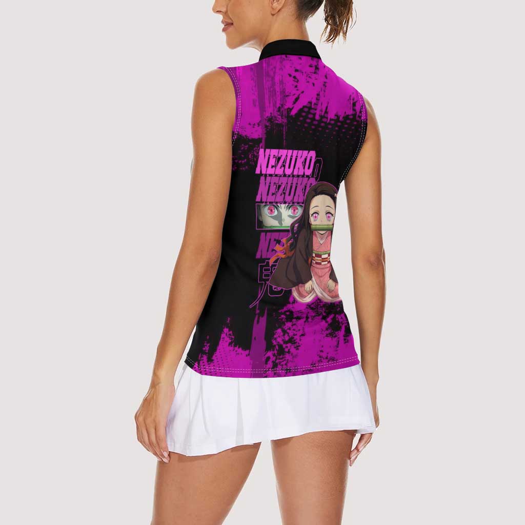 Nezuko Kamado Demon Slayer Pink Grunge Design Women Sleeveless Polo Shirt with Fierce Eyes and Cute Sitting Pose - The Mazicc