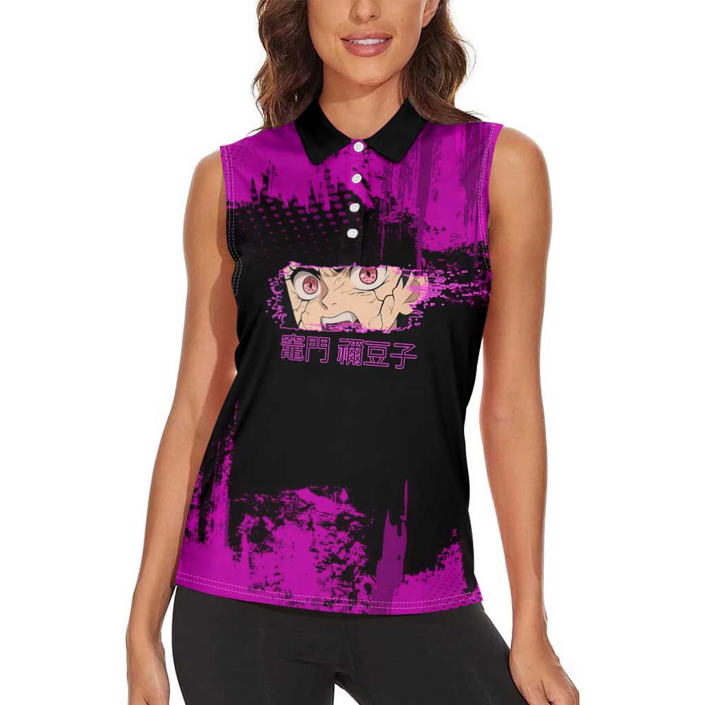Nezuko Kamado Demon Slayer Pink Grunge Design Women Sleeveless Polo Shirt with Fierce Eyes and Cute Sitting Pose - The Mazicc