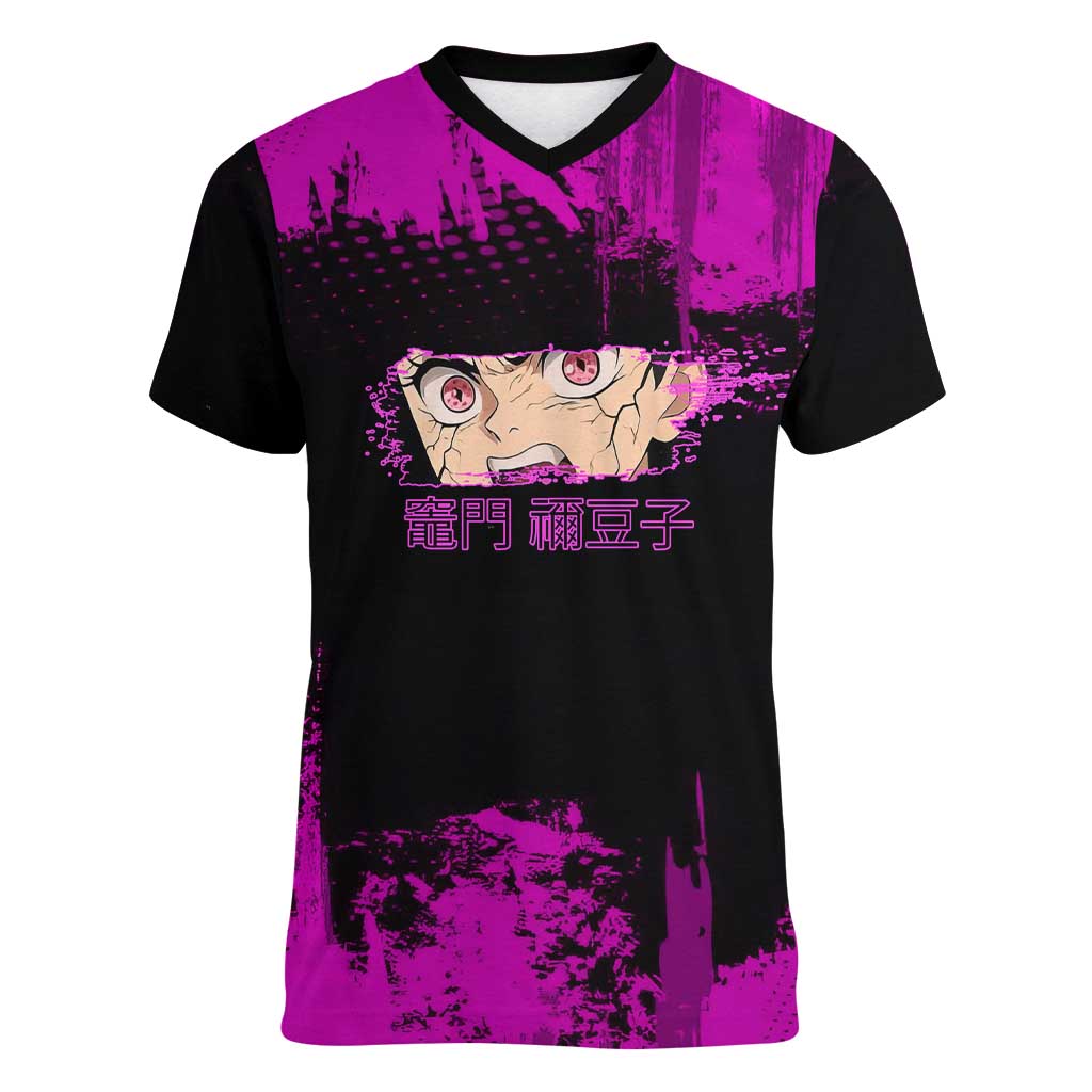 Nezuko Kamado Demon Slayer Pink Grunge Design Women V-Neck T-Shirt with Fierce Eyes and Cute Sitting Pose - The Mazicc
