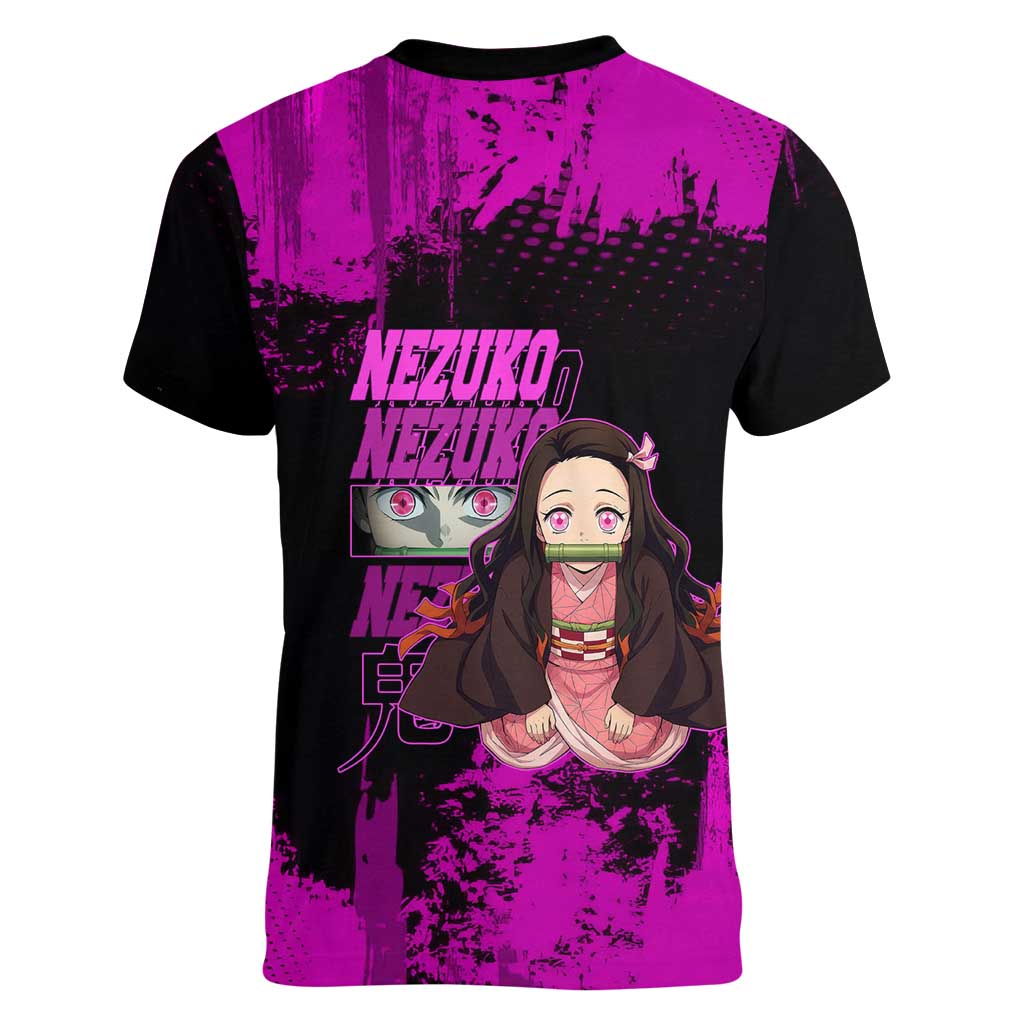 Nezuko Kamado Demon Slayer Pink Grunge Design Women V-Neck T-Shirt with Fierce Eyes and Cute Sitting Pose - The Mazicc
