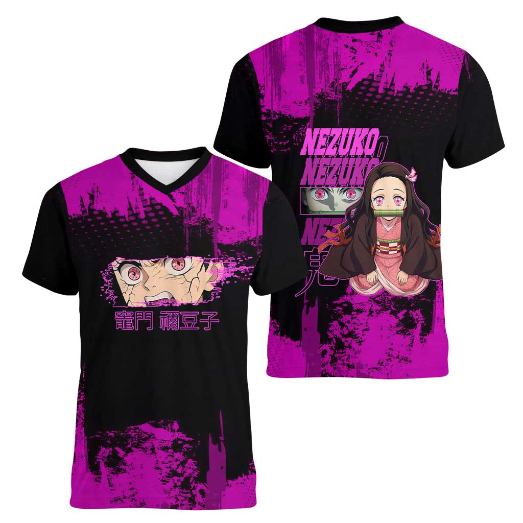 Nezuko Kamado Demon Slayer Pink Grunge Design Women V-Neck T-Shirt with Fierce Eyes and Cute Sitting Pose - The Mazicc