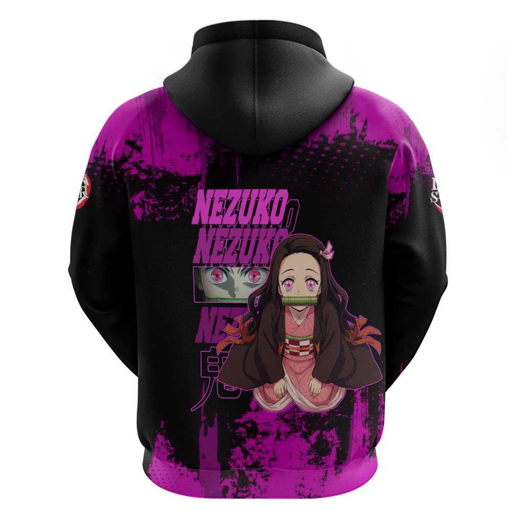 Nezuko Kamado Demon Slayer Pink Grunge Design Zip Hoodie with Fierce Eyes and Cute Sitting Pose - The Mazicc