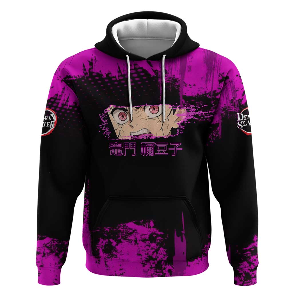 Nezuko Kamado Demon Slayer Pink Grunge Design Zip Hoodie with Fierce Eyes and Cute Sitting Pose - The Mazicc