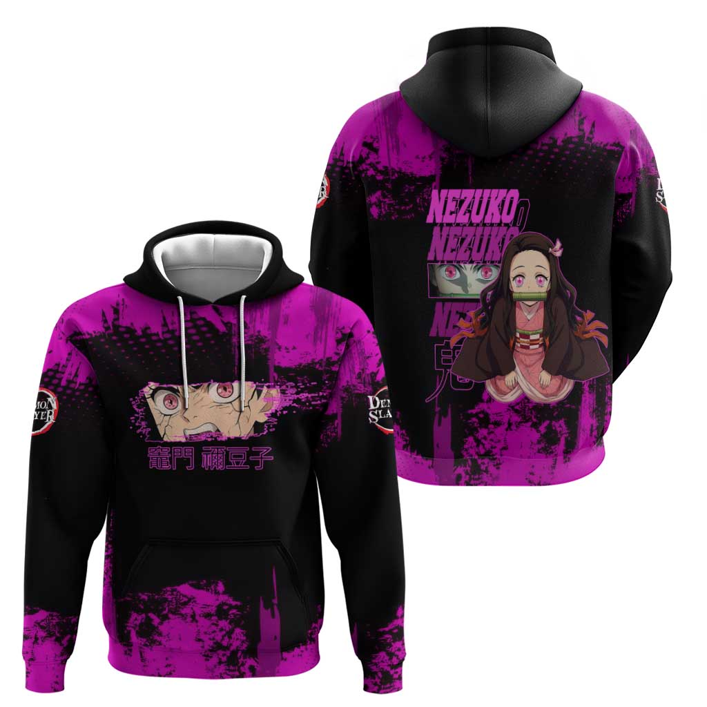 Nezuko Kamado Demon Slayer Pink Grunge Design Zip Hoodie with Fierce Eyes and Cute Sitting Pose - The Mazicc