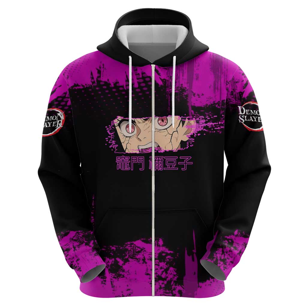Nezuko Kamado Demon Slayer Pink Grunge Design Zip Hoodie with Fierce Eyes and Cute Sitting Pose - The Mazicc