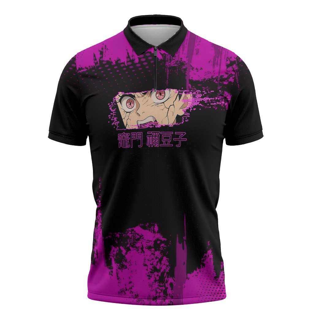 Nezuko Kamado Demon Slayer Pink Grunge Design Zipper Polo Shirt with Fierce Eyes and Cute Sitting Pose - The Mazicc
