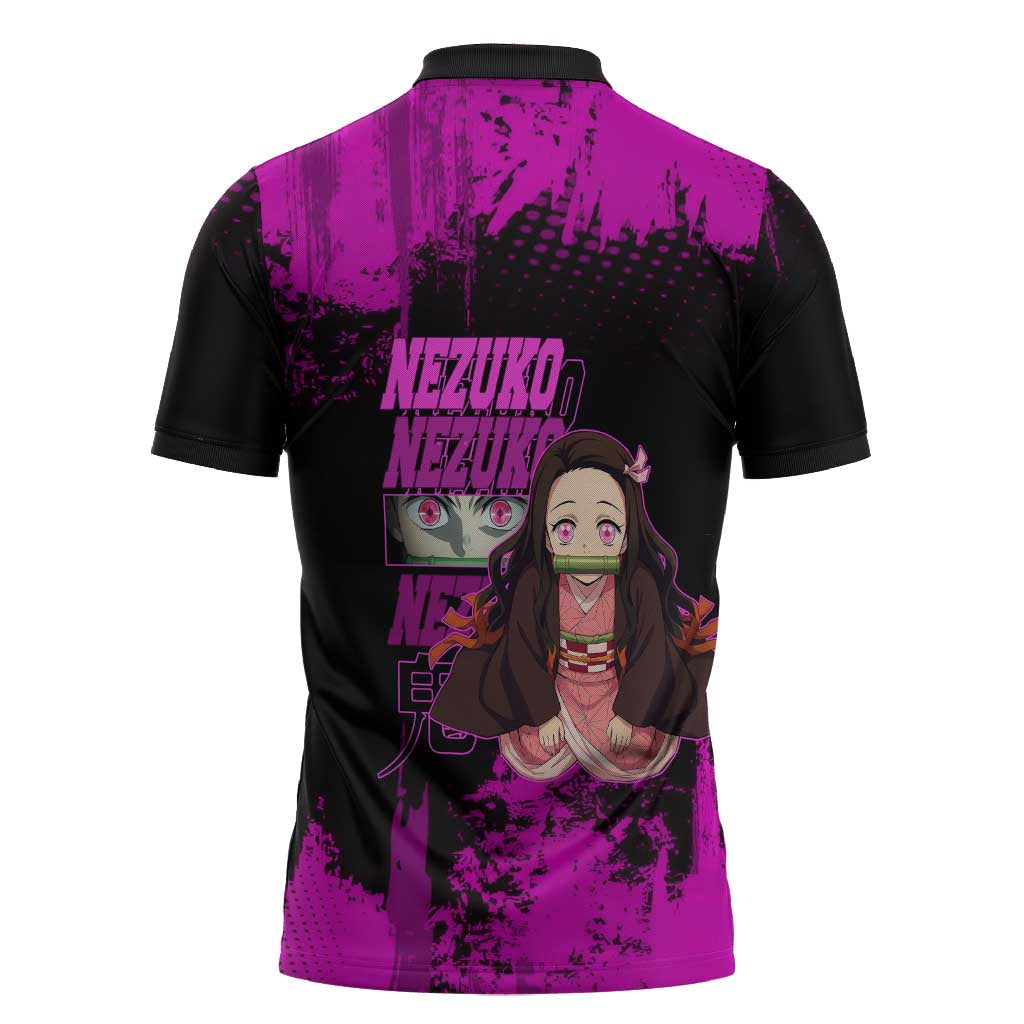Nezuko Kamado Demon Slayer Pink Grunge Design Zipper Polo Shirt with Fierce Eyes and Cute Sitting Pose - The Mazicc