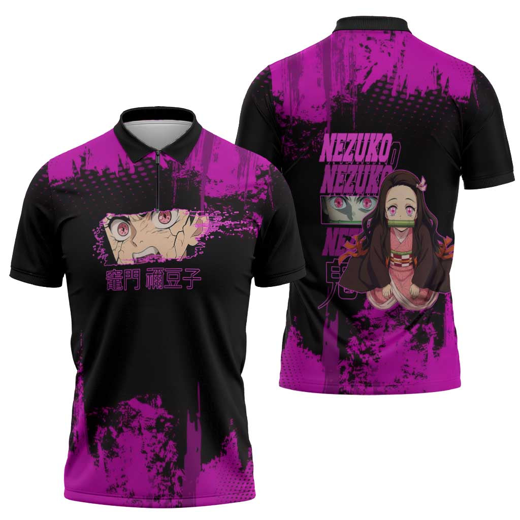 Nezuko Kamado Demon Slayer Pink Grunge Design Zipper Polo Shirt with Fierce Eyes and Cute Sitting Pose - The Mazicc