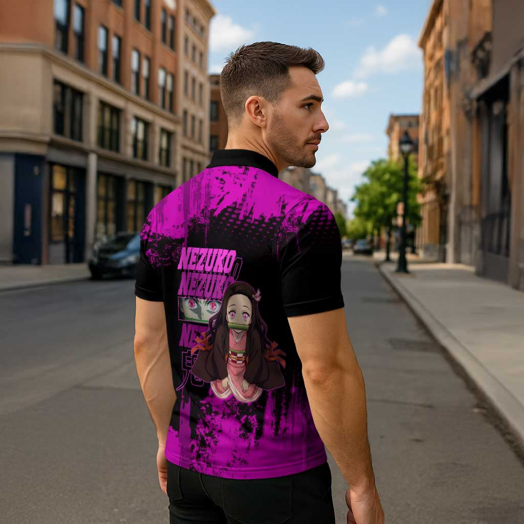 Nezuko Kamado Demon Slayer Pink Grunge Design Zipper Polo Shirt with Fierce Eyes and Cute Sitting Pose - The Mazicc
