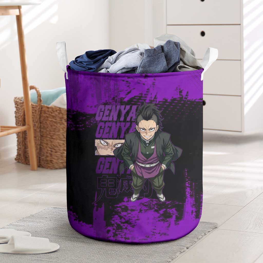 Genya Shinazugawa Demon Slayer Purple Grunge Design Laundry Basket with Fierce Expression and Combat Stance - The Mazicc