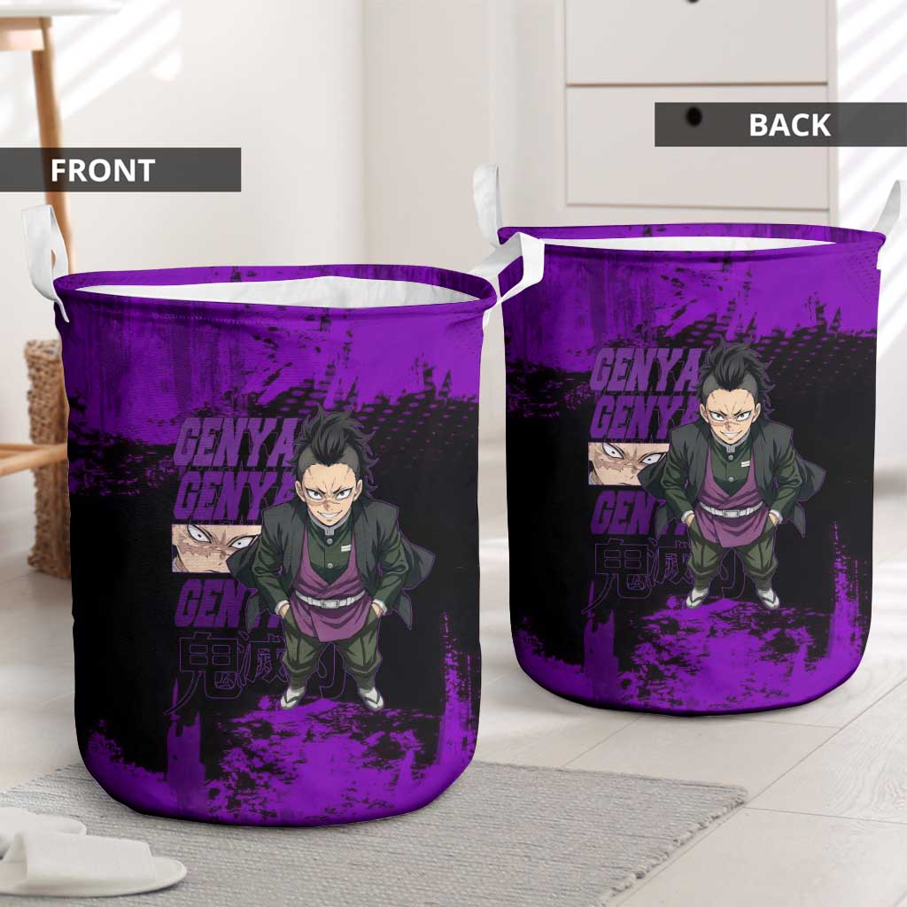 Genya Shinazugawa Demon Slayer Purple Grunge Design Laundry Basket with Fierce Expression and Combat Stance - The Mazicc