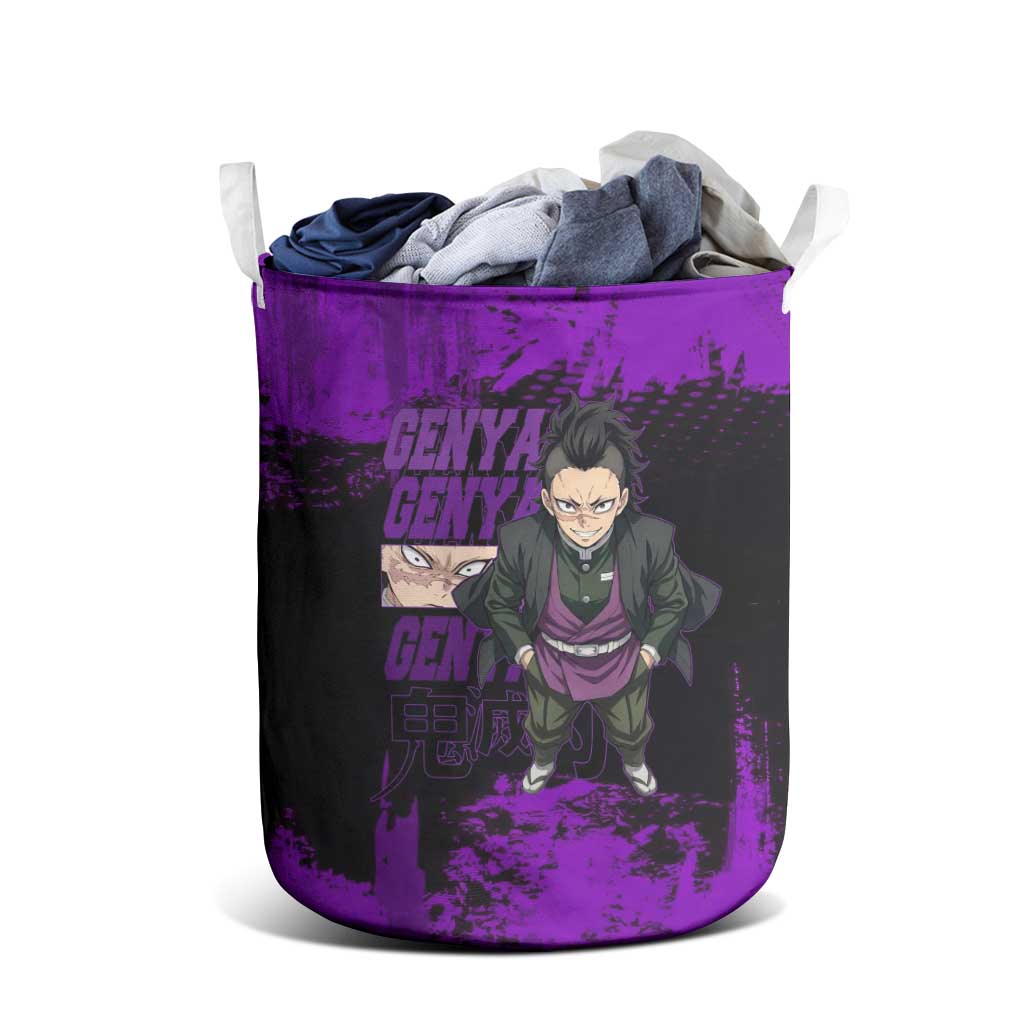 Genya Shinazugawa Demon Slayer Purple Grunge Design Laundry Basket with Fierce Expression and Combat Stance - The Mazicc