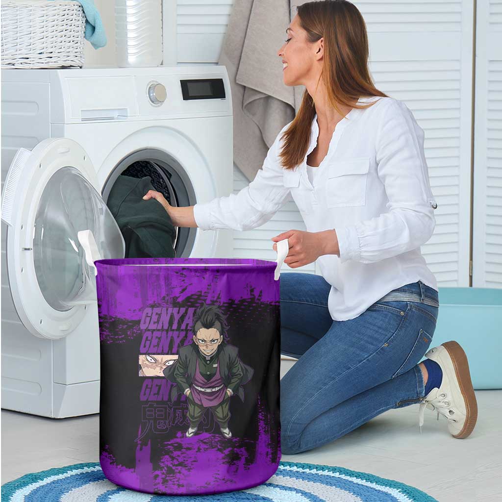 Genya Shinazugawa Demon Slayer Purple Grunge Design Laundry Basket with Fierce Expression and Combat Stance - The Mazicc