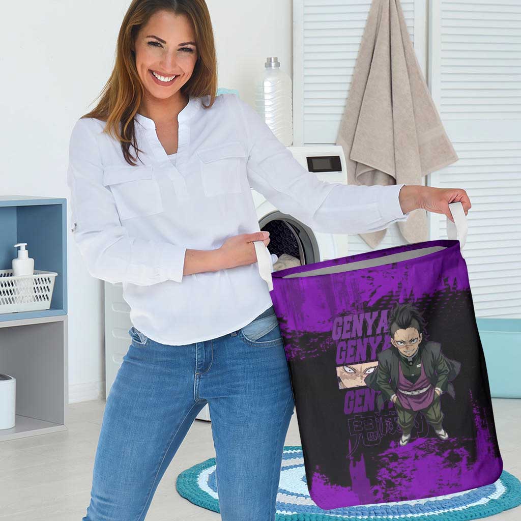 Genya Shinazugawa Demon Slayer Purple Grunge Design Laundry Basket with Fierce Expression and Combat Stance - The Mazicc