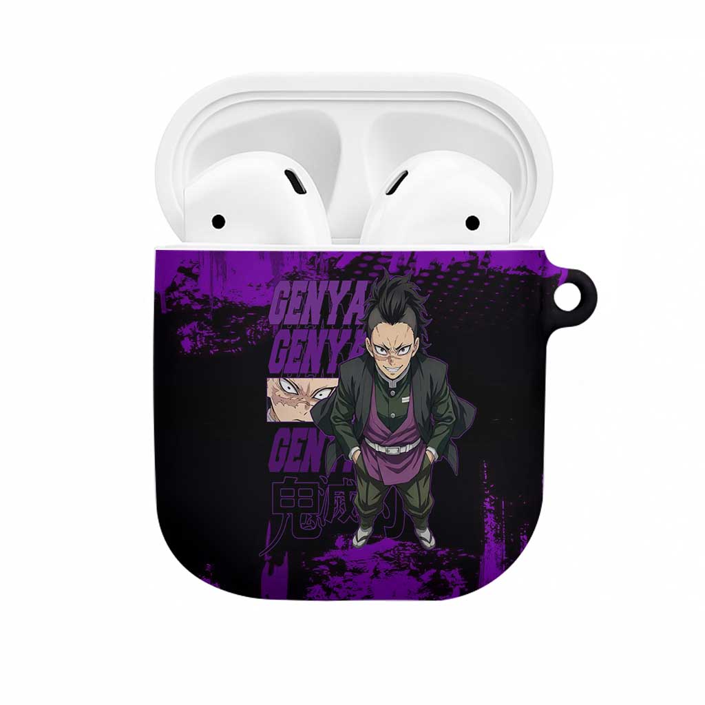 Genya Shinazugawa Demon Slayer Purple Grunge Design AirPods Case with Fierce Expression and Combat Stance - The Mazicc