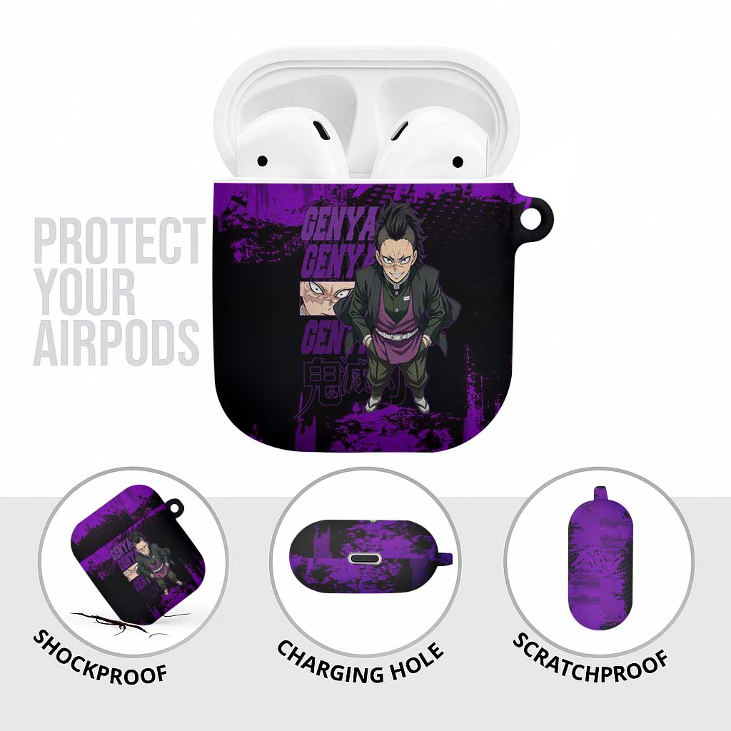 Genya Shinazugawa Demon Slayer Purple Grunge Design AirPods Case with Fierce Expression and Combat Stance - The Mazicc