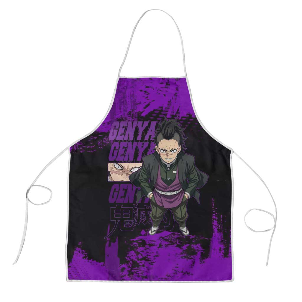 Genya Shinazugawa Demon Slayer Purple Grunge Design Apron with Fierce Expression and Combat Stance - The Mazicc