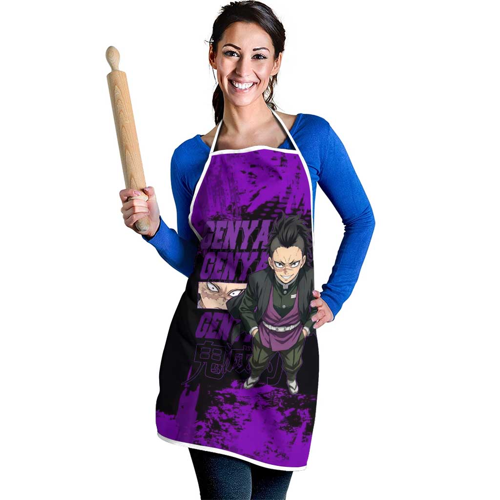 Genya Shinazugawa Demon Slayer Purple Grunge Design Apron with Fierce Expression and Combat Stance - The Mazicc