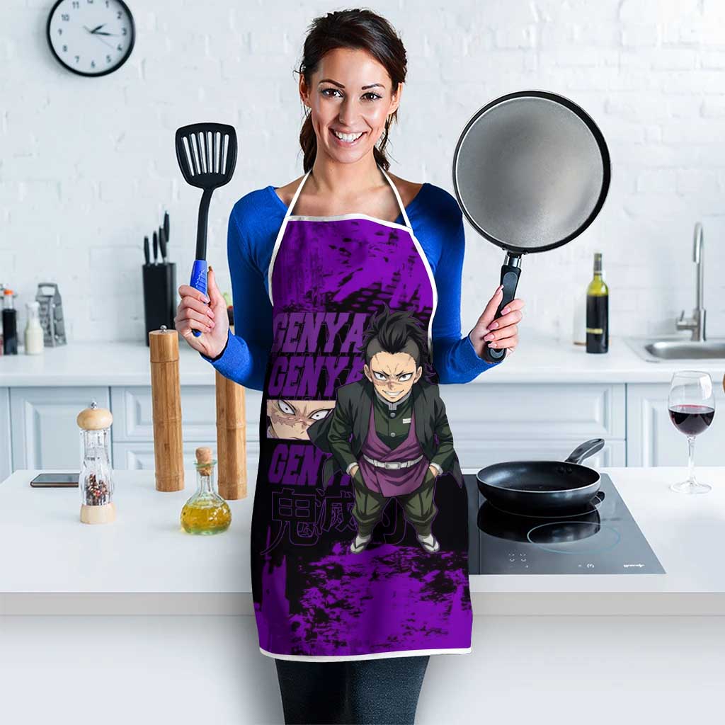 Genya Shinazugawa Demon Slayer Purple Grunge Design Apron with Fierce Expression and Combat Stance - The Mazicc