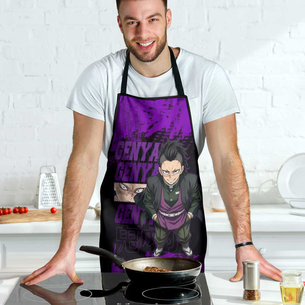 Genya Shinazugawa Demon Slayer Purple Grunge Design Apron with Fierce Expression and Combat Stance - The Mazicc