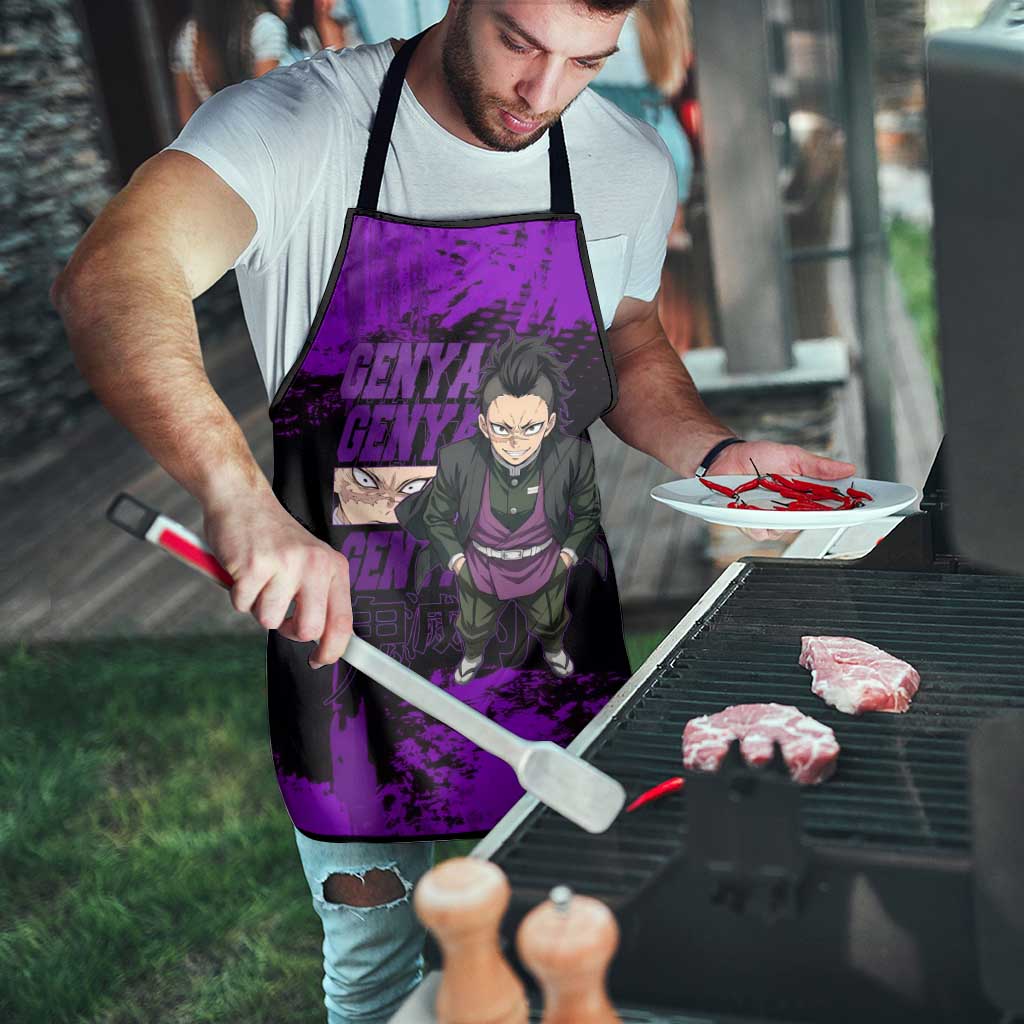Genya Shinazugawa Demon Slayer Purple Grunge Design Apron with Fierce Expression and Combat Stance - The Mazicc
