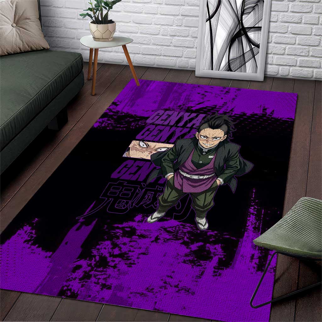 Genya Shinazugawa Demon Slayer Purple Grunge Design Area Rug with Fierce Expression and Combat Stance - The Mazicc
