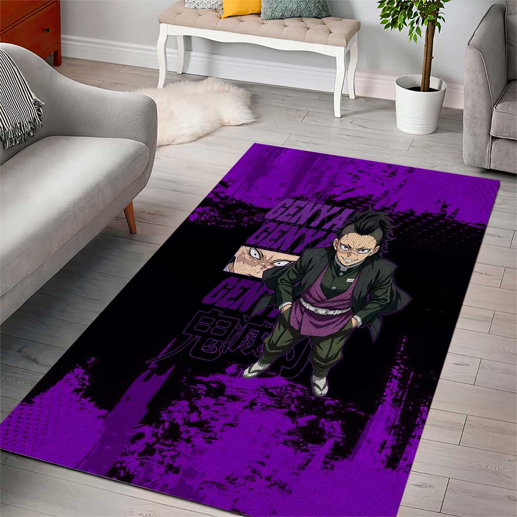 Genya Shinazugawa Demon Slayer Purple Grunge Design Area Rug with Fierce Expression and Combat Stance - The Mazicc