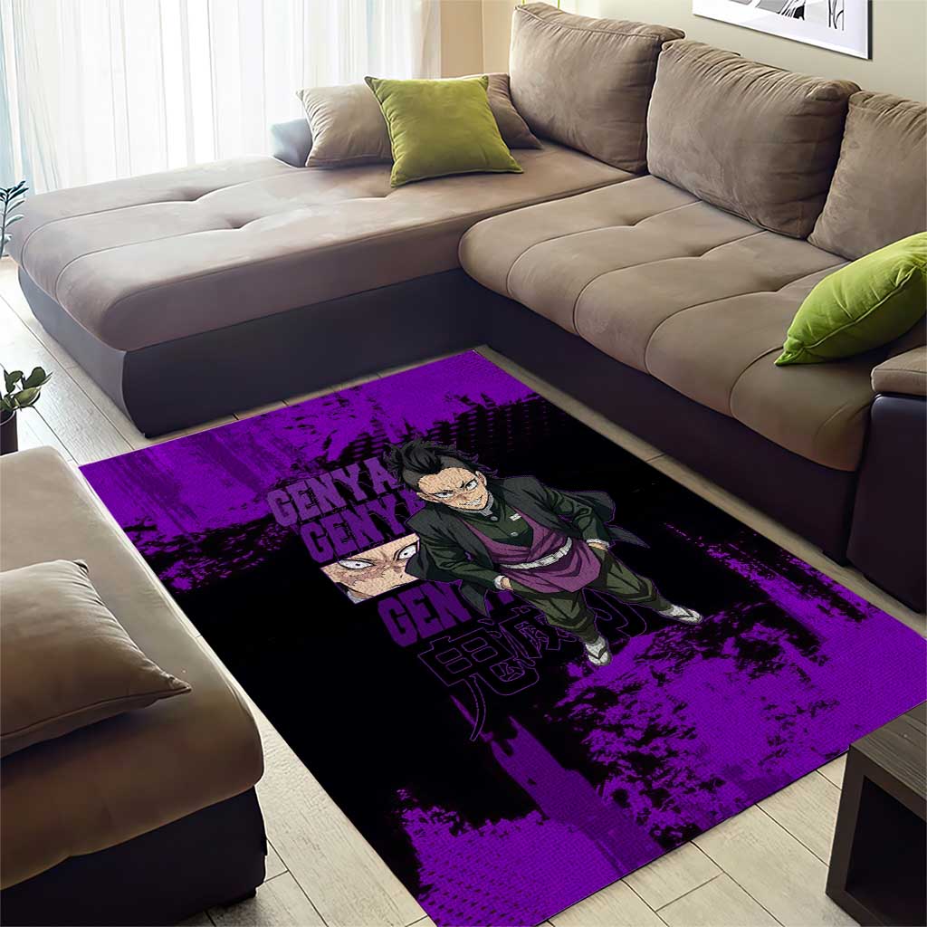 Genya Shinazugawa Demon Slayer Purple Grunge Design Area Rug with Fierce Expression and Combat Stance - The Mazicc