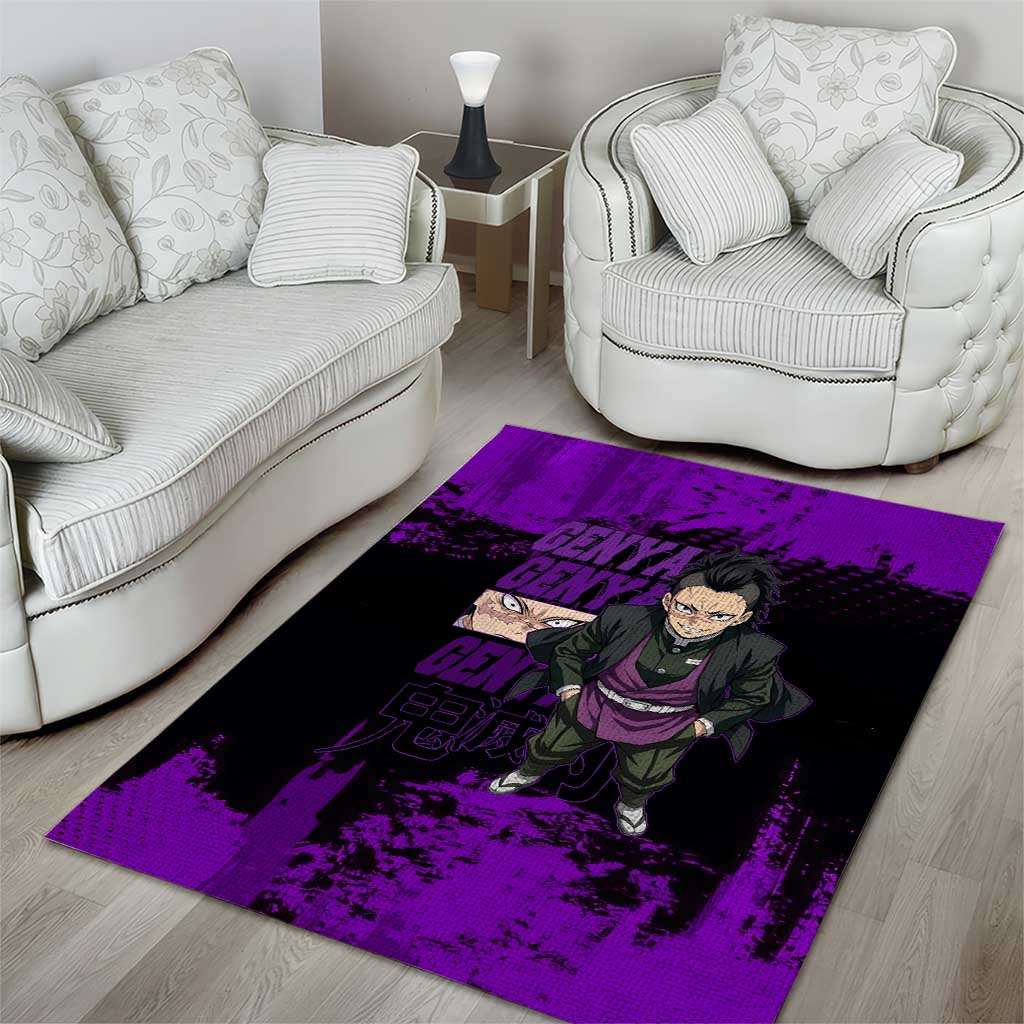 Genya Shinazugawa Demon Slayer Purple Grunge Design Area Rug with Fierce Expression and Combat Stance - The Mazicc