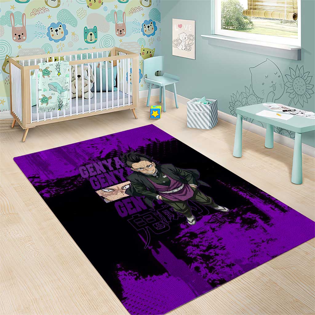 Genya Shinazugawa Demon Slayer Purple Grunge Design Area Rug with Fierce Expression and Combat Stance - The Mazicc