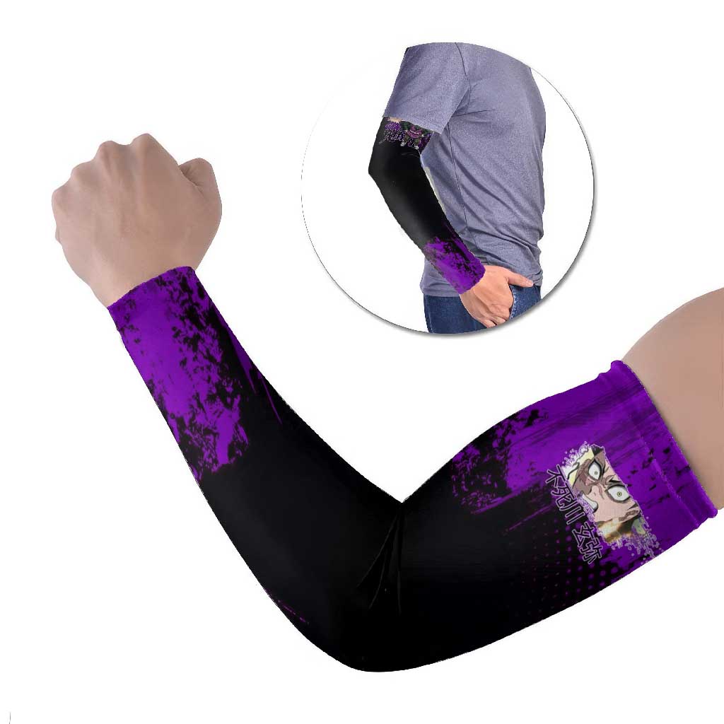 Genya Shinazugawa Demon Slayer Purple Grunge Design Arm Sleeves with Fierce Expression and Combat Stance - The Mazicc