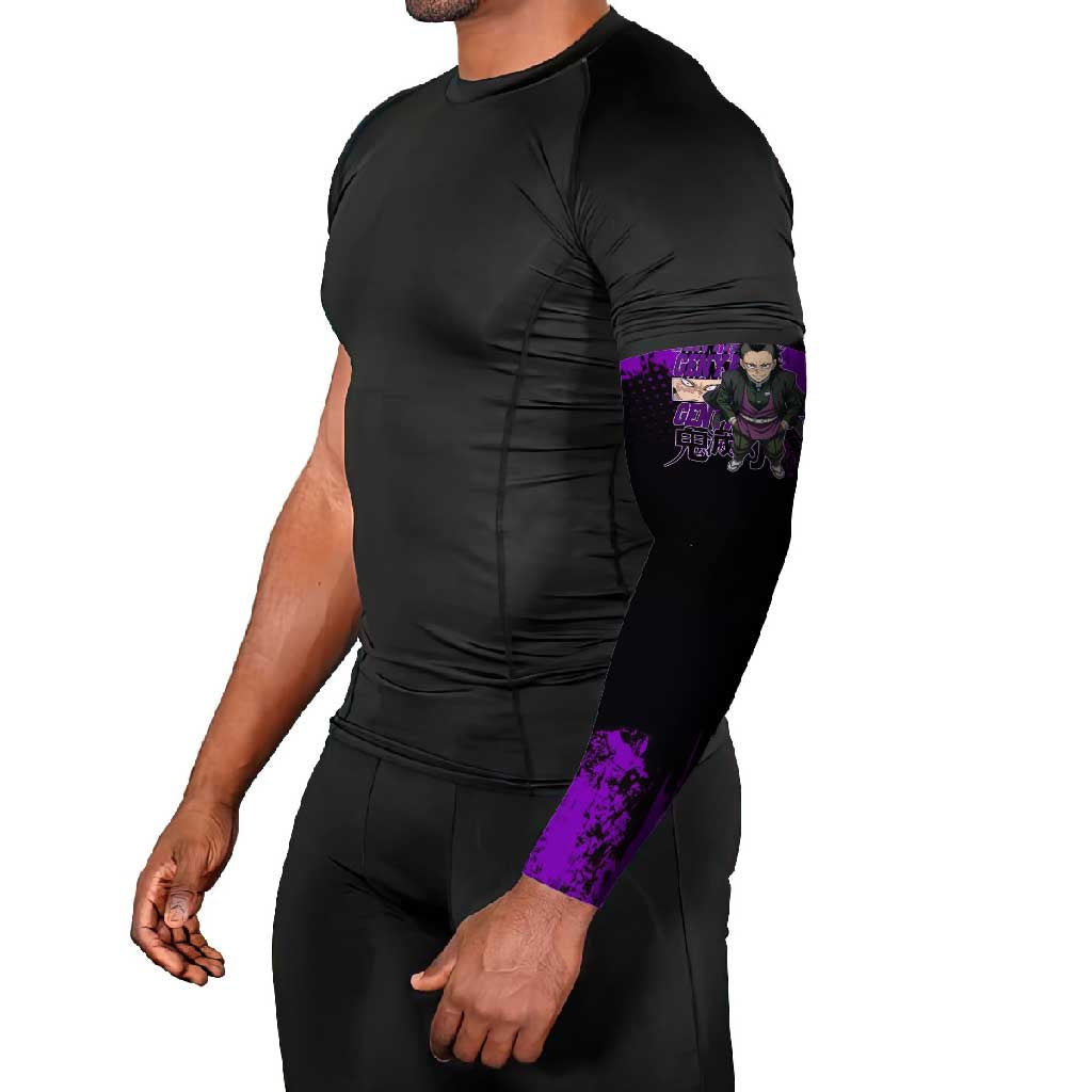 Genya Shinazugawa Demon Slayer Purple Grunge Design Arm Sleeves with Fierce Expression and Combat Stance - The Mazicc
