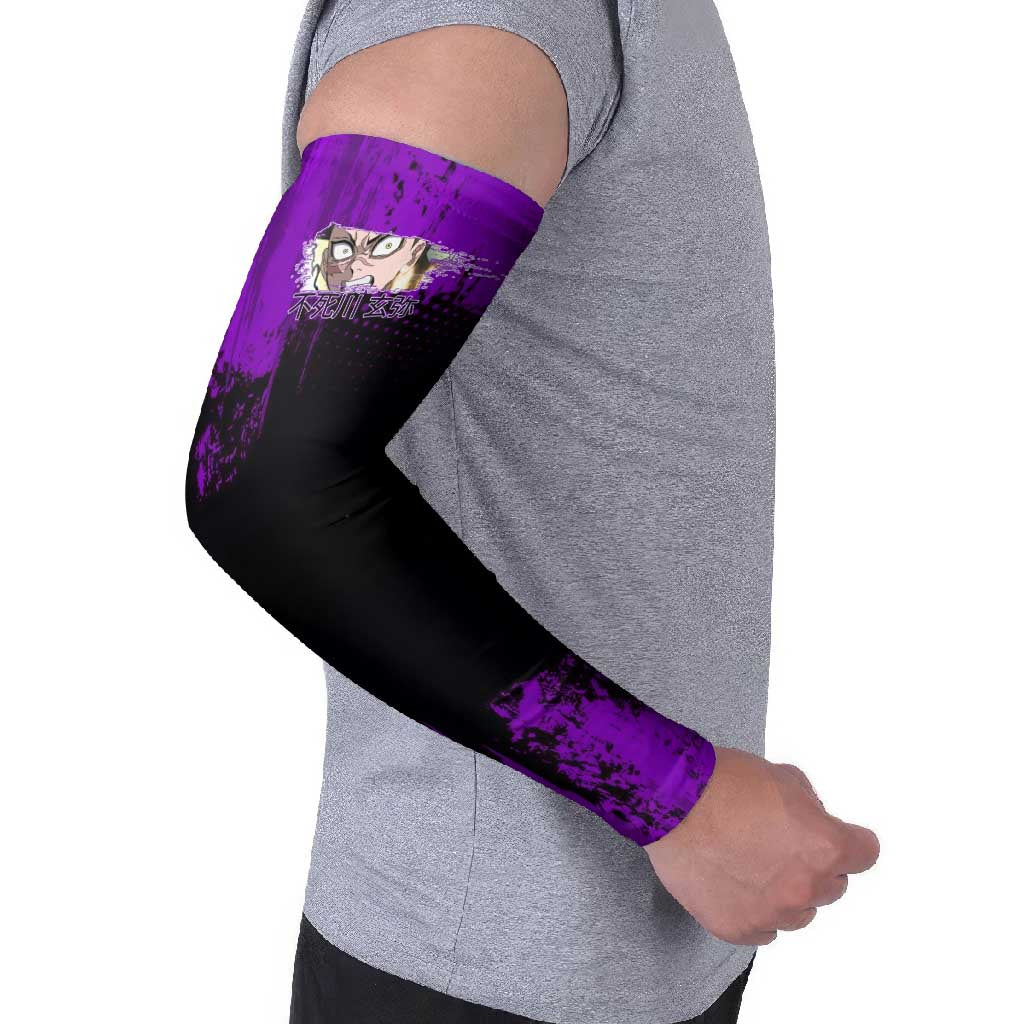 Genya Shinazugawa Demon Slayer Purple Grunge Design Arm Sleeves with Fierce Expression and Combat Stance - The Mazicc