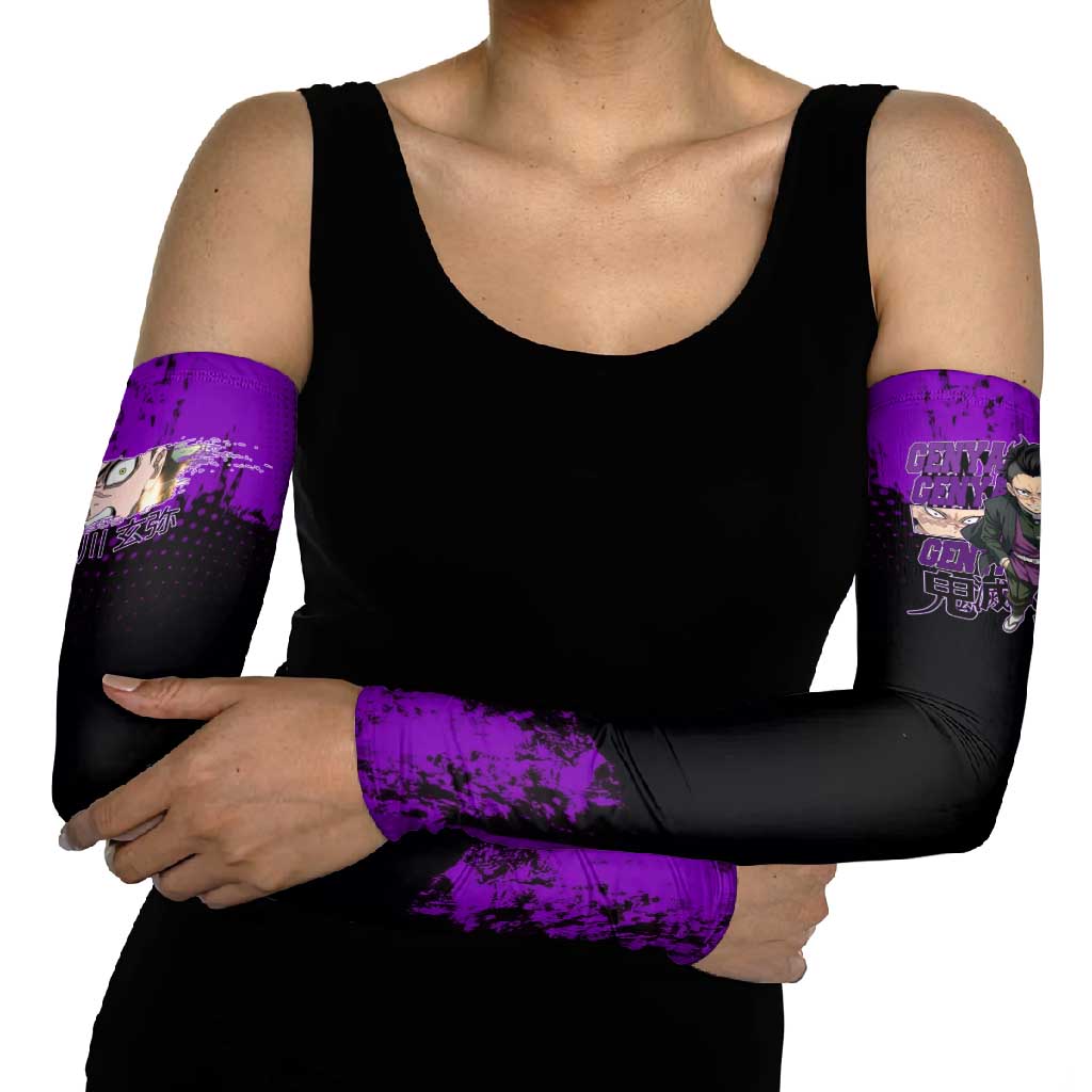 Genya Shinazugawa Demon Slayer Purple Grunge Design Arm Sleeves with Fierce Expression and Combat Stance - The Mazicc