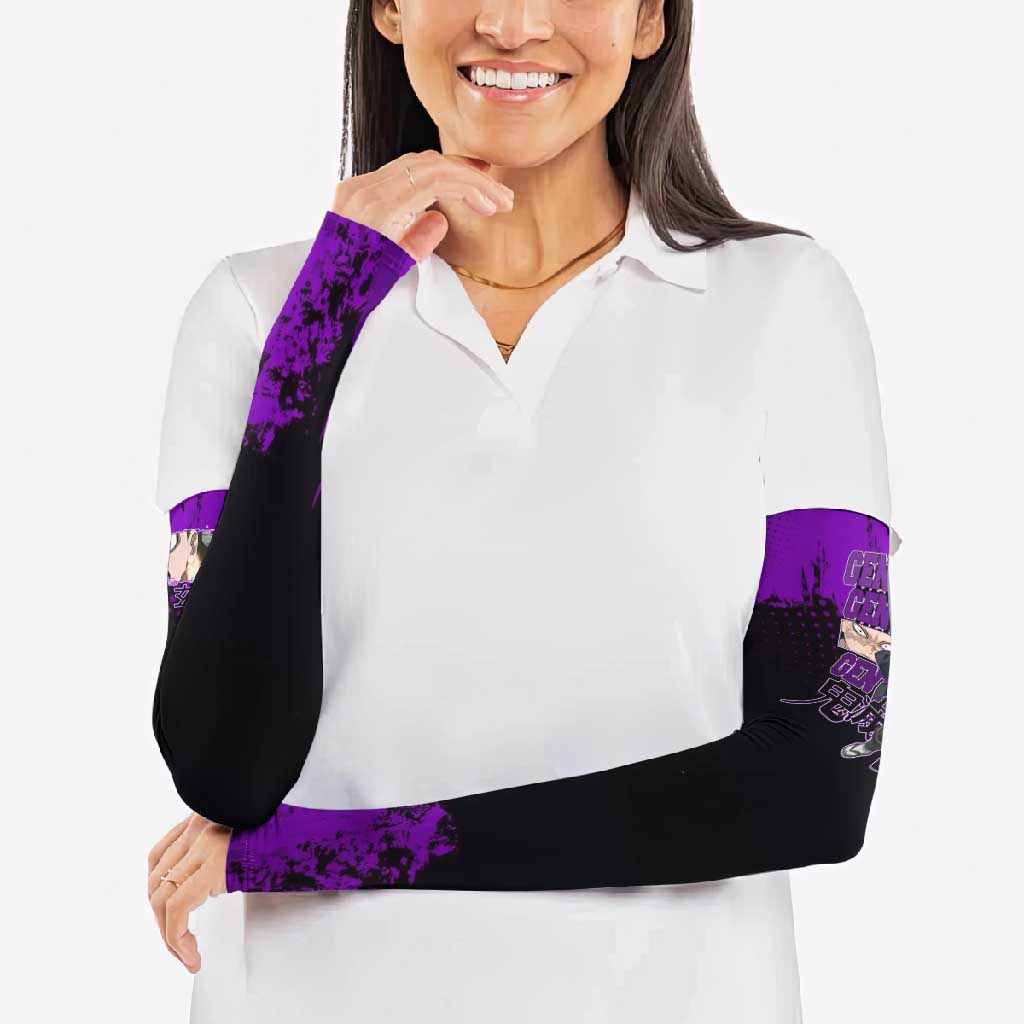 Genya Shinazugawa Demon Slayer Purple Grunge Design Arm Sleeves with Fierce Expression and Combat Stance - The Mazicc